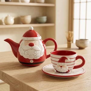 Peut inclure: Une théière en céramique en forme de Père Noël avec un couvercle en forme de bonnet rouge, une barbe blanche et un corps rouge, accompagnée d'une tasse et d'une soucoupe assorties à rayures horizontales rouges et blanches avec un visage de Père Noël.