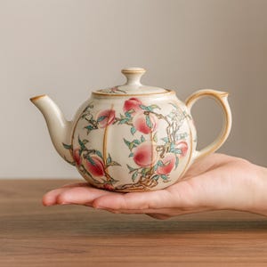 Pode incluir: Bule de cer&acirc;mica creme com um design de p&ecirc;ssegos e galhos. O bule tem um bico curvo, um corpo arredondado e uma al&ccedil;a. A tampa tem um pequeno bot&atilde;o. O design do p&ecirc;ssego inclui p&ecirc;ssegos rosa, folhas verdes e galhos marrons.