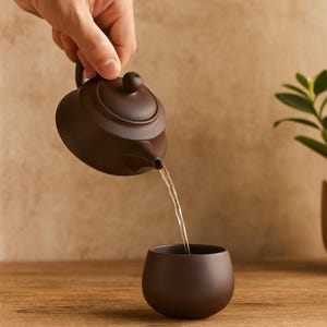 Könnte beinhalten: Eine braune Keramik-Teekanne gießt Flüssigkeit in eine passende Tasse. Die Teekanne hat einen abgerundeten Körper, einen kleinen Griff und einen Deckel mit einem Knopf. Die Tasse ist rund und befindet sich unter dem Ausguss der Teekanne. Der Hintergrund ist neutral gefärbt.