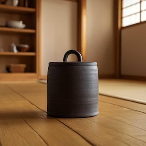 Può includere: Un vaso di ceramica marrone scuro con coperchio e manico curvo. Il vaso è cilindrico e poggia su un pavimento in legno. Lo sfondo include una mensola di legno con ciotole e una finestra.
