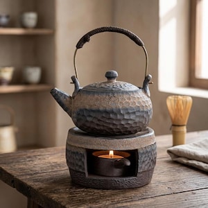 May include: A textured, dark grey and beige ceramic teapot with a hammered finish, featuring a curved metal handle wrapped in dark cord. It rests on a matching cylindrical ceramic warmer base containing a small, lit tea light candle.