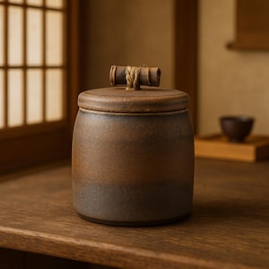 Può includere: Un vaso di ceramica marrone con coperchio e manico in corda. Il vaso ha una forma arrotondata e una combinazione di colori a due toni, con una base più scura e una parte superiore più chiara. Il coperchio è piatto e a filo con il corpo del vaso.