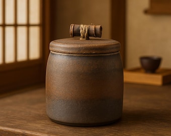 Rustic Ceramic Tea Canister with Bamboo Lid Airtight Vintage Style Storage Jar for Loose Leaf Tea Herbs Coffee or Kitchen Spices