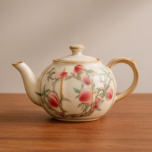 Pode incluir: Bule de cer&acirc;mica creme com tampa e al&ccedil;a. O bule &eacute; decorado com um desenho de galho de p&ecirc;ssego com p&ecirc;ssegos rosa, folhas verdes e caules marrons. O bico e a al&ccedil;a t&ecirc;m uma borda marrom claro.