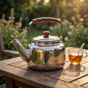 May include: A polished stainless steel tea kettle with a wooden handle and lid knob on a wooden table. A glass teacup with a spoon is next to the kettle. The background shows a blurred garden scene.