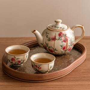 Puede incluir: Una tetera de cerámica color crema y dos tazas a juego con un diseño floral, colocadas sobre una bandeja de madera. La tetera y las tazas presentan un estampado floral melocotón y verde. La bandeja tiene una superficie metálica grabada decorativa.