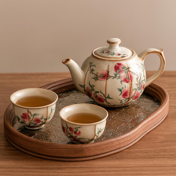 High End Ru Kiln Ceramic Teapot Set – 220ml Pink Peach Longevity Tea Pot with 2 Matching Cups for Asian Style Tea Ceremony & Gifting