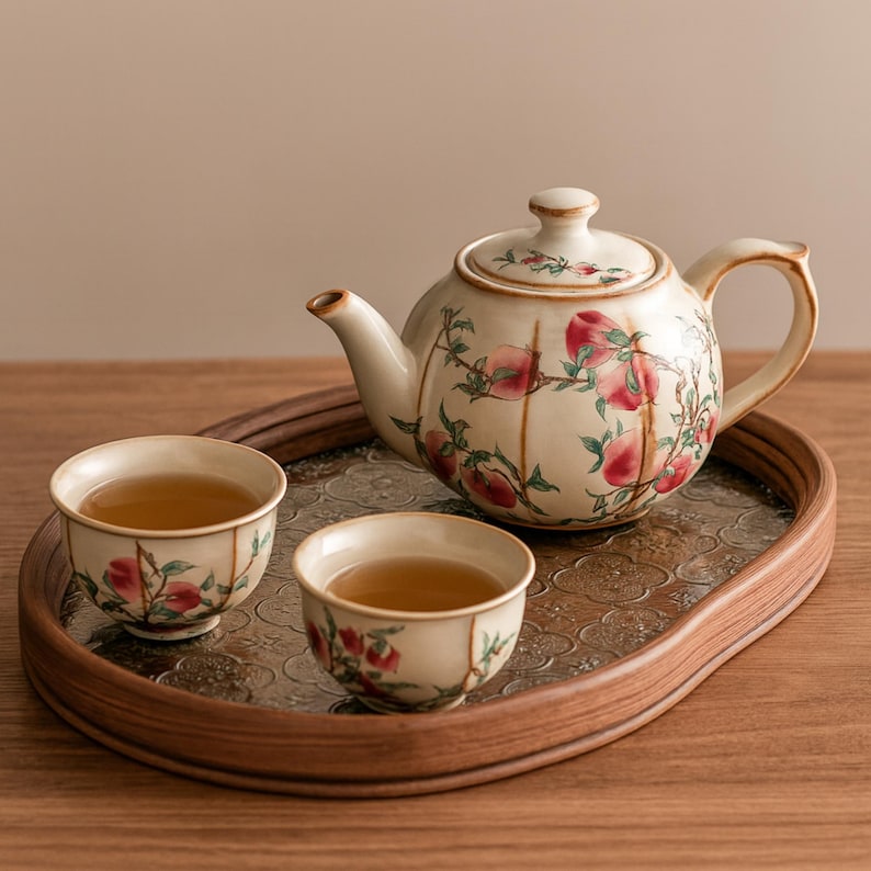 Pode incluir: Uma chaleira de cer&acirc;mica creme e duas ch&aacute;venas a condizer com um design floral, num tabuleiro de madeira. A chaleira e as ch&aacute;venas apresentam um padr&atilde;o floral de p&ecirc;ssego e verde. O tabuleiro tem uma superf&iacute;cie met&aacute;lica gravada decorativa.