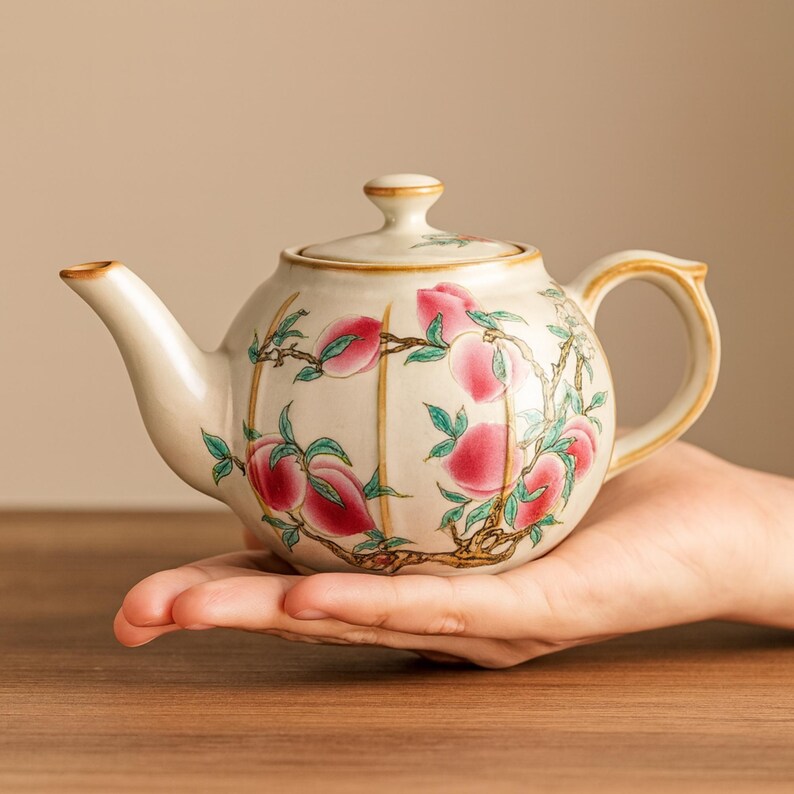 Pode incluir: Bule de cer&acirc;mica creme com corpo arredondado, bico e al&ccedil;a. O bule &eacute; decorado com um desenho de galho de p&ecirc;ssego com p&ecirc;ssegos rosa, folhas verdes e galhos marrons. A tampa tem um pequeno bot&atilde;o. O bule &eacute; segurado em uma m&atilde;o.