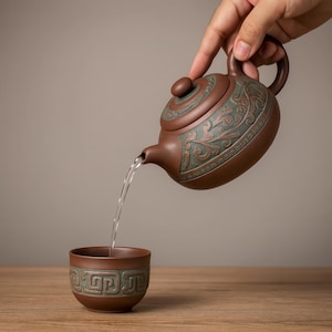 Peut inclure: Une théière en céramique marron avec un motif orné aux tons verts verse de l'eau dans une tasse assortie. La théière a un corps arrondi, un bec courbé et une anse en boucle. La tasse a un motif similaire sur son bord.