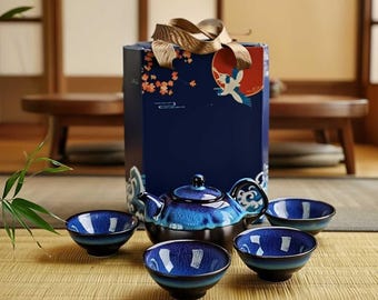 Ovenverwisselde keramische theeset met theepot en theekopjes Uniek klein cadeau voor evenementen Souvenirset voor theeliefhebbers of speciale gelegenheden
