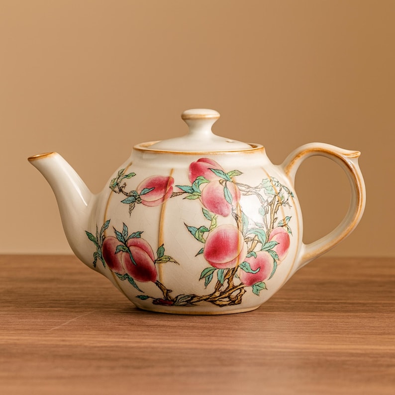 Pode incluir: Bule de cer&acirc;mica creme com tampa, bico e al&ccedil;a. O bule &eacute; decorado com um desenho de galho de p&ecirc;ssego com p&ecirc;ssegos rosa e folhas verdes. A al&ccedil;a e o bico t&ecirc;m uma borda marrom claro.