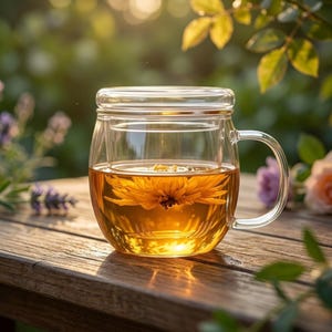 May include: A clear glass tea cup with a handle, filled with golden tea and a yellow flower. The cup has a lid and a built-in infuser. The cup sits on a wooden surface, with a blurred green background.