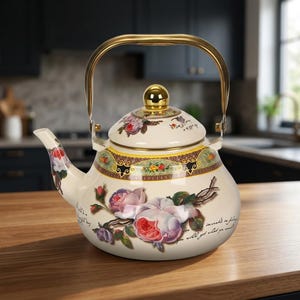May include: A cream-coloured tea kettle featuring a gold-tone handle and lid knob. The body is decorated with floral patterns of pink and purple roses, a decorative border, and cursive script text. The spout also features a small floral design.