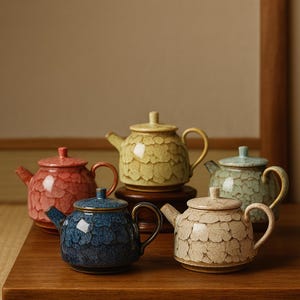 Puede incluir: Colección de cinco teteras de cerámica en varios colores, incluyendo rojo, azul, beige, verde y amarillo. Cada tetera tiene una superficie texturizada y un asa curvada. Se exhiben sobre una mesa de madera.