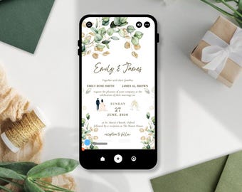 May include: A smartphone displays a wedding invitation with the names "Emily & James" in elegant script. The invitation includes details about the ceremony and reception, with floral and greenery accents. A small gift box and greenery are in the background.