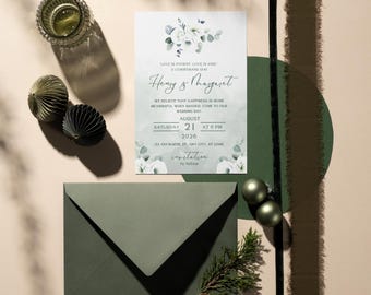Editable Sage Green Wedding Invitation Template | White Floral Canva Invite | Modern Minimalist Digital Download