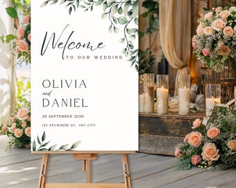 Greenery Wedding Welcome Sign | Editable Olive Leaf Template (Canva)