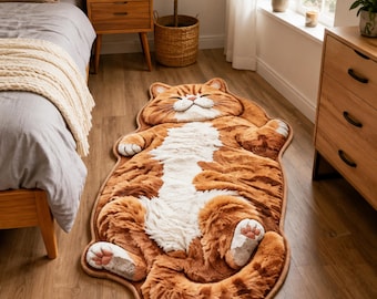 Op de afbeelding: Een pluche, oranje en wit katvormig vloerkleed met een slapende cyperse kat met ingetrokken pootjes, een witte buikvlek en gedetailleerde voetzooltjes. Het kleed heeft een zacht, getextureerd oppervlak en volgt de omtrek van het lichaam.