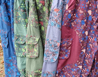 Mushroom Print Wide Leg Cargo Trousers, Boho Festival Wear 100% Cotton