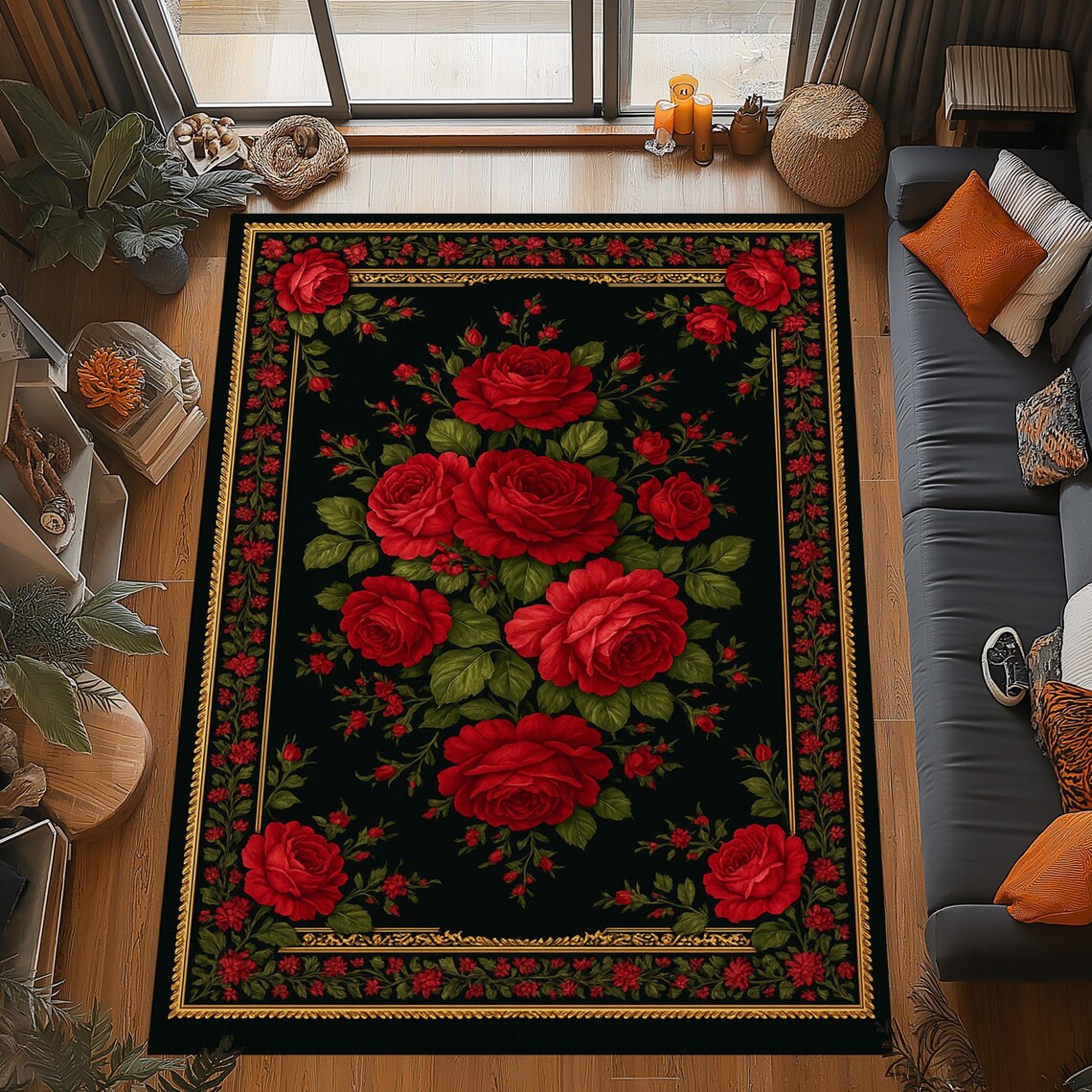 Red Rose Rug: Black Gold Floral Border Design, Classic Romantic Pattern ...