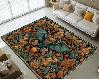 Gothic Bat Rug: Dark Forest Design, Gold Green Leaves Pattern, Halloween Fantasy Decor