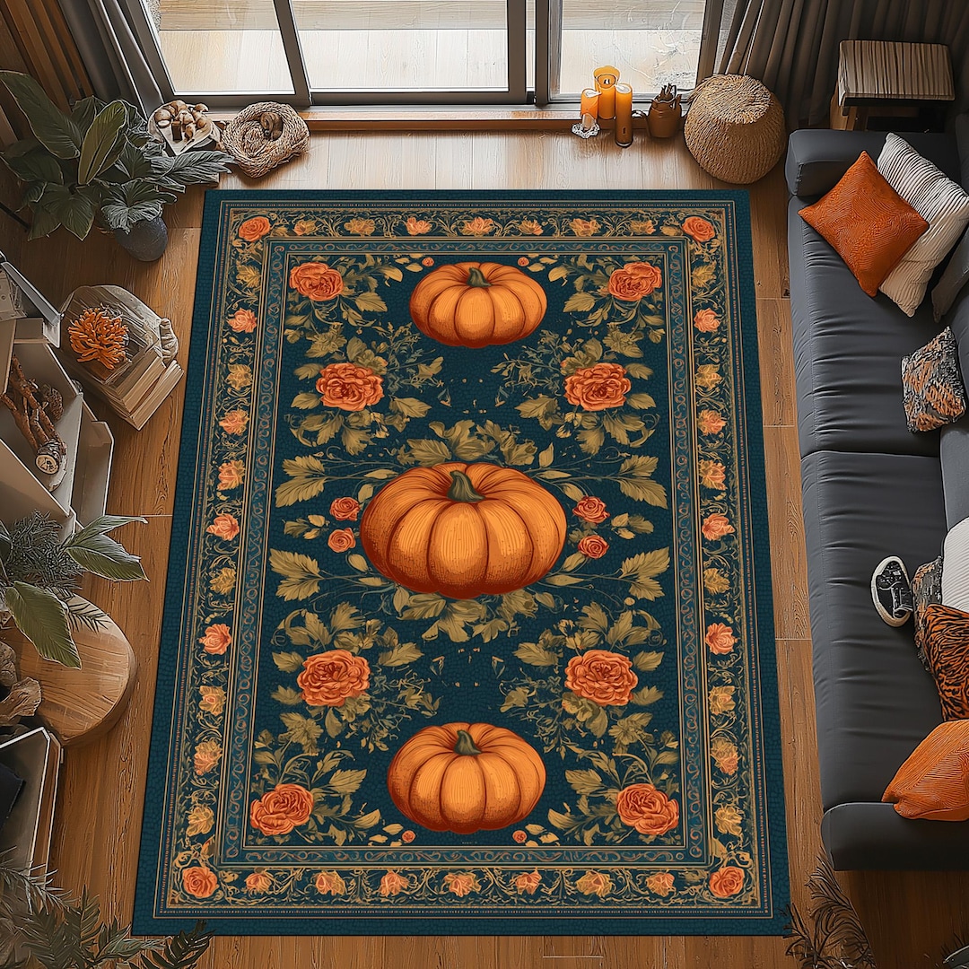 Fall Color Rug Autumn Pumpkin Rug: Orange Floral Harvest Design, Fall Season Pattern ...
