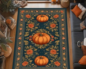 Autumn Pumpkin Rug: Orange Floral Harvest Design, Fall Season Pattern, Elegant Rustic Home-Decor