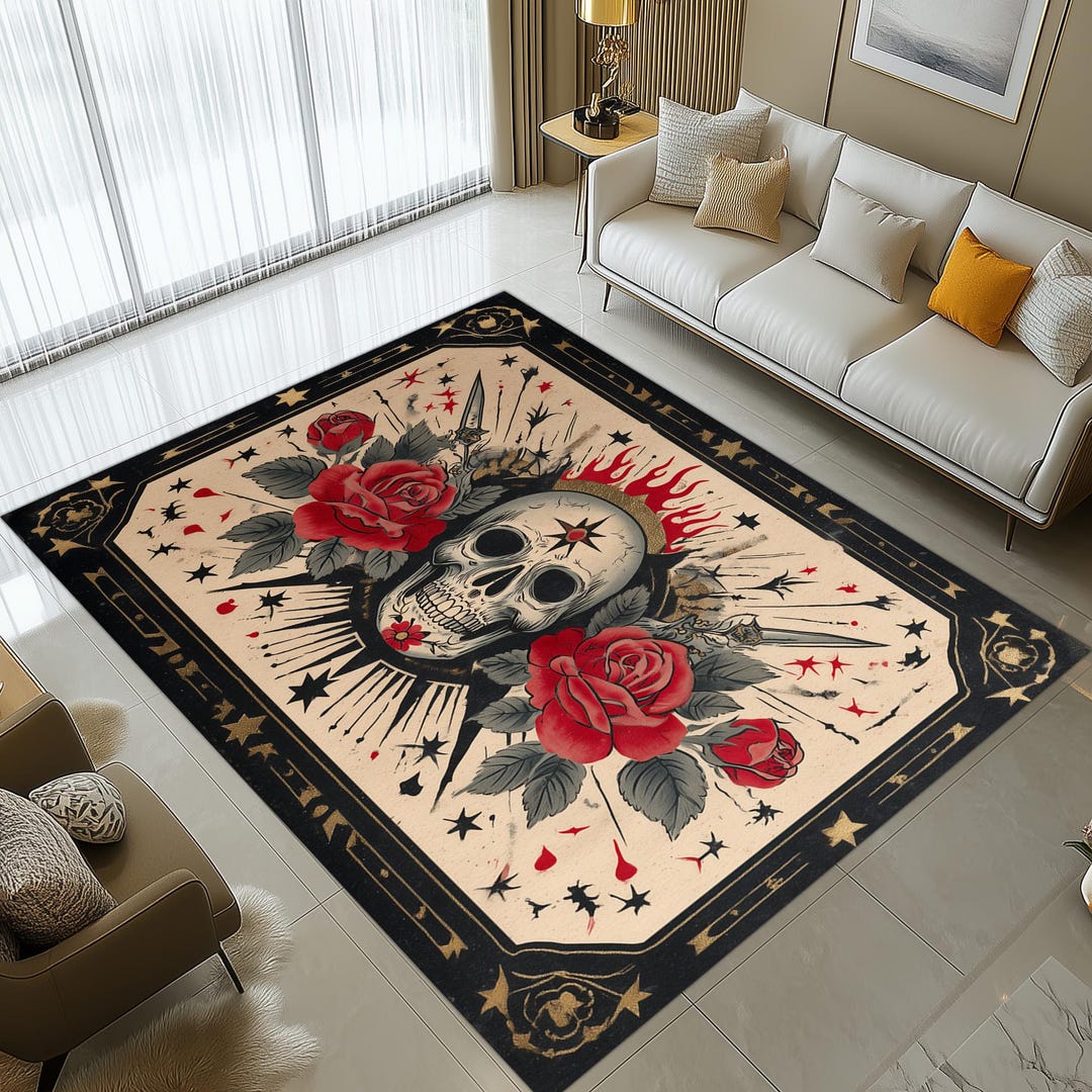 Punk Rugs Flaming Skull Rug: Red Rose Tattoo Design, Vintage Punk Rock Pattern ...