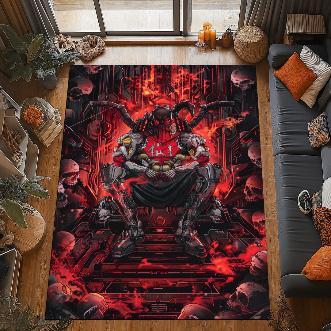 Cyber Rug Cyber Demon Throne Rug, Red Black Mechanical Skull Design, Futuristic ...