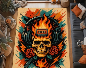 Rock Skull Rug: Flaming Cassette Design, Music Lover Decor, Retro Grunge Art Style Rug