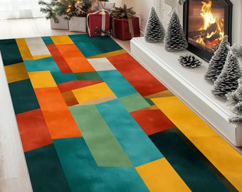 Modern Geometric Runner Rug: Bold Abstract Shapes, Retro Color Blocks, Contemporary Living Room Decor