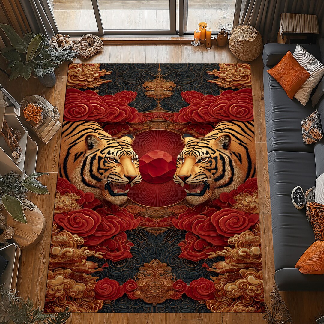 Twin Tigers Rug: Red and Gold Gemstone Design,oriental Cloud Pattern ...