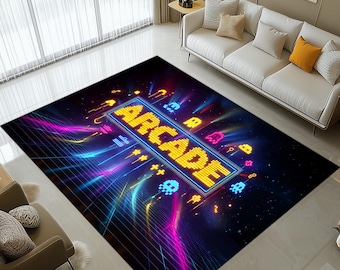 Arcade Neon Rug: Retro Pixel Design, Bright Gaming Room Decor, Futuristic Glow Style