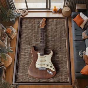 Puede incluir: Una guitarra eléctrica marrón con un golpeador blanco descansa sobre una alfombra rectangular con textura tejida. La guitarra tiene cuerpo y mástil de madera, con herrajes plateados y botones blancos. La alfombra está enmarcada por un borde marrón oscuro.