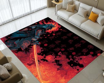 May include: A large rectangular area rug featuring a vibrant illustration of a warrior with a glowing sword. The rug's design incorporates shades of red, orange, and black, with stylized Japanese characters. The warrior is depicted in blue and teal tones.