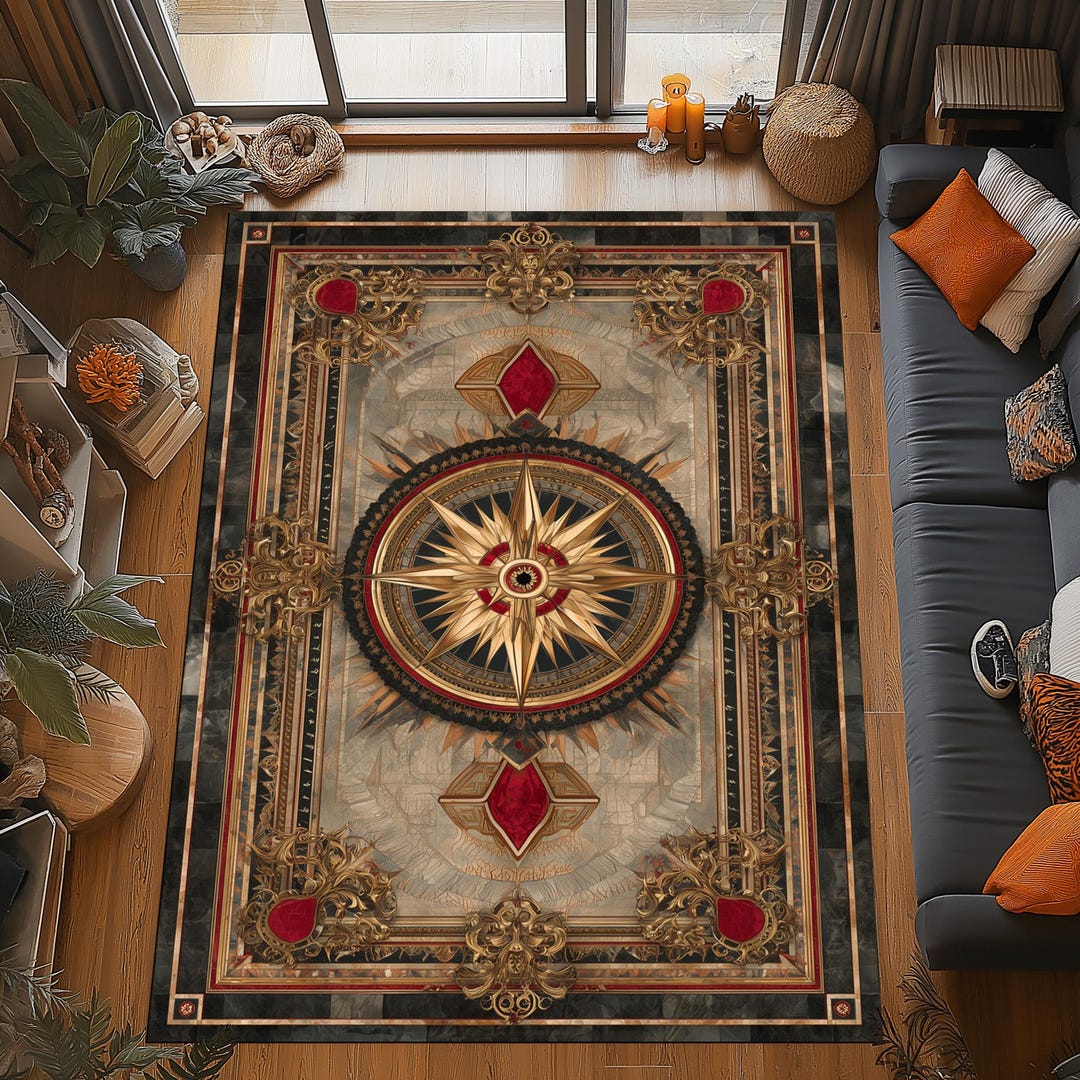 Round Baroque Rug Compass Baroque Rug: Gold Ornate Design, Red Jewel Pattern, Luxury ...