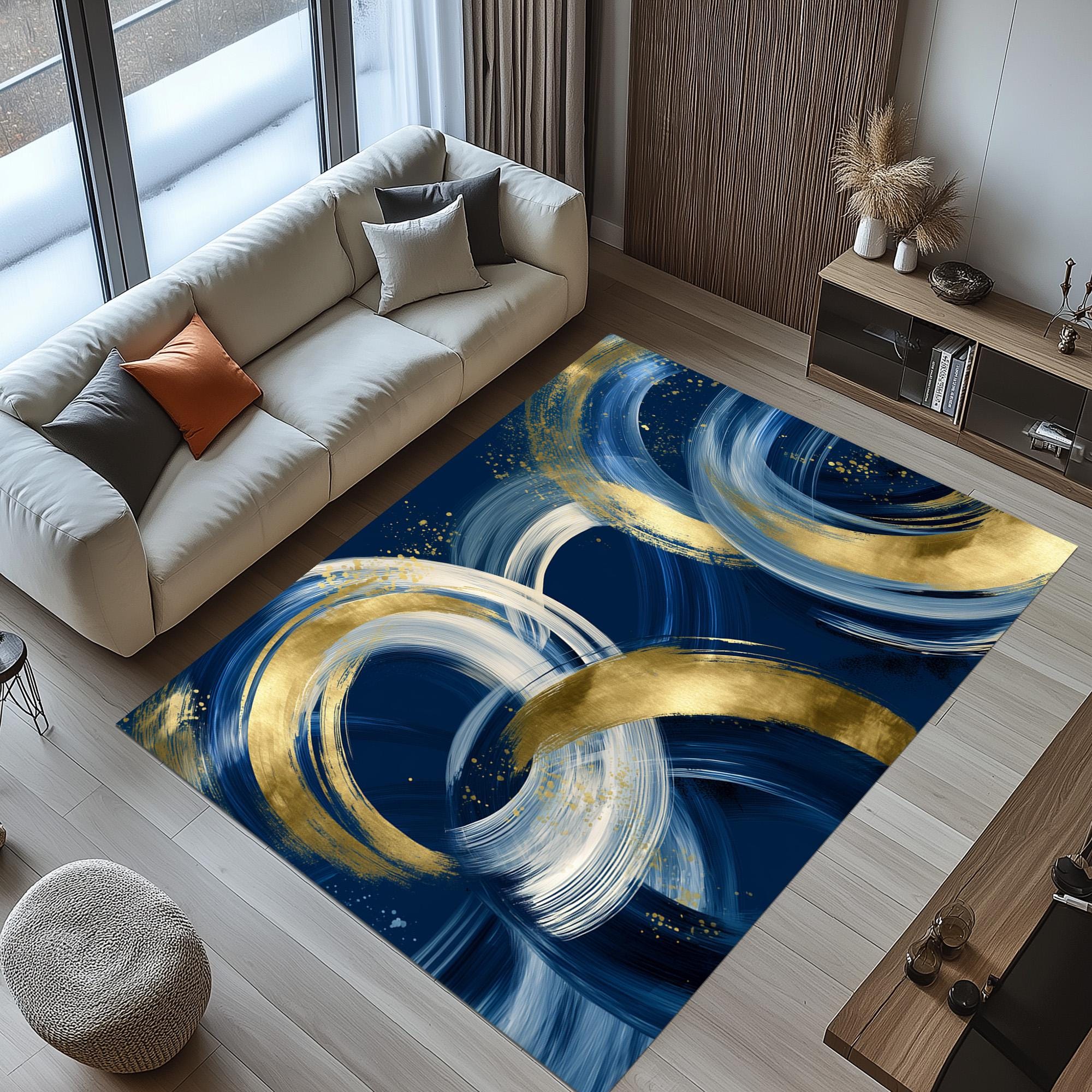 Abstract Blue Gold Rug: Modern Brush Stroke Carpet, Elegant Navy White ...