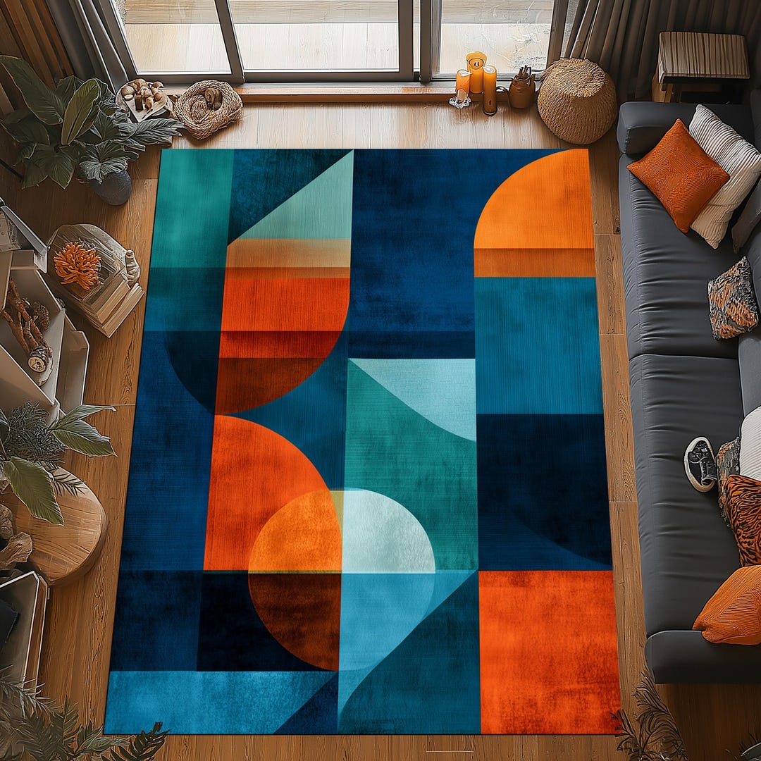 Abstract Geometry Rug: Blue Orange Modern Pattern, Artistic Minimal ...