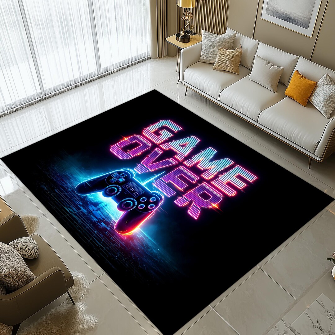 Game Over Rugs Game Over Rug: Neon Gamer Room Design, Retro Controller Pattern, Cyber ...