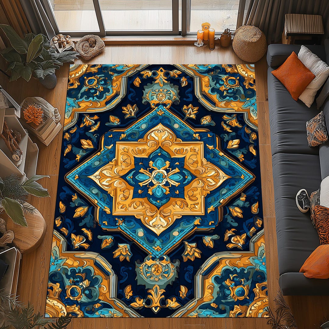 Baroque Sapphire Rug: Blue Gold Ornamental Design, Royal Heritage ...