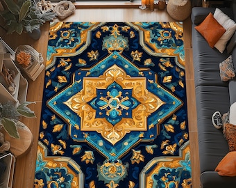 Baroque Sapphire Rug: Blue Gold Ornamental Design, Royal Heritage Pattern, Elegant Classic Decor