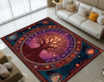 Yggdrasil Tree Rug: Norse Mythology Runes Circle Design, Golden Roots And Branches Pattern