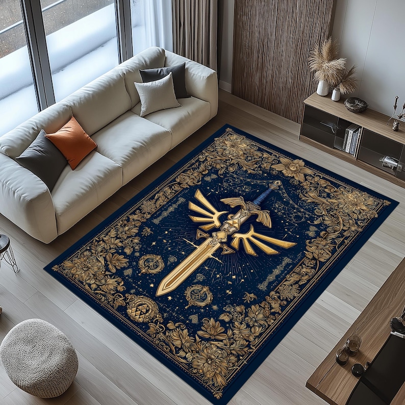 Rectangular Rug Emblem Zelda Triforce Rug: Golden Sword Emblem Design, Blue Celestial Pattern ...