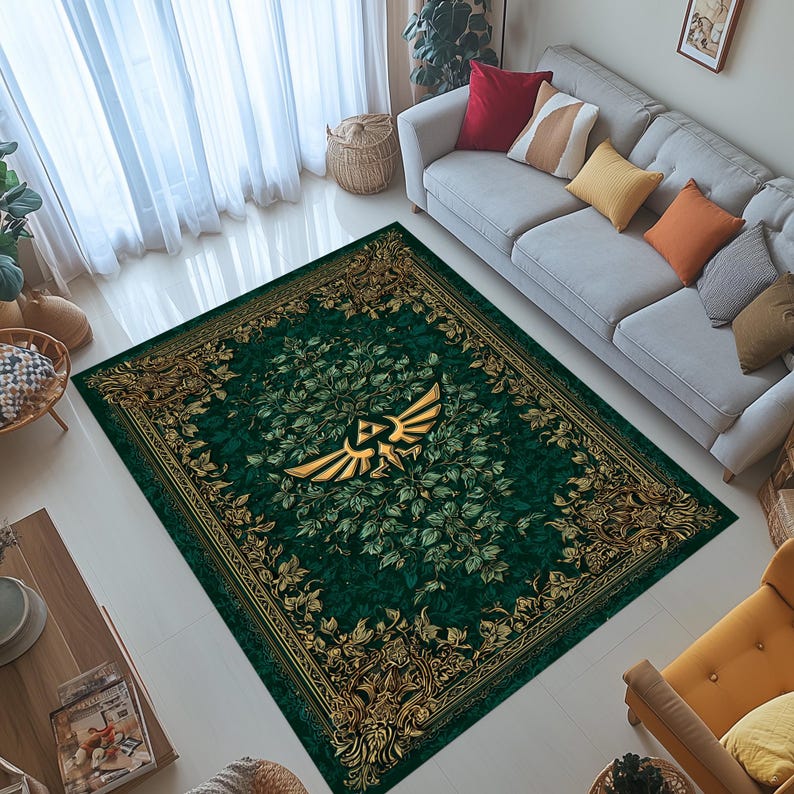 Rectangular Rug Emblem Zelda Hylian Crest Rug: Emerald Gold Carpet, Ornate Leaf Border Design ...