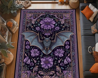 Alfombra floral gótica de murciélago: diseño botánico morado oscuro, estampado nocturno ornamentado, decoración mística de Halloween