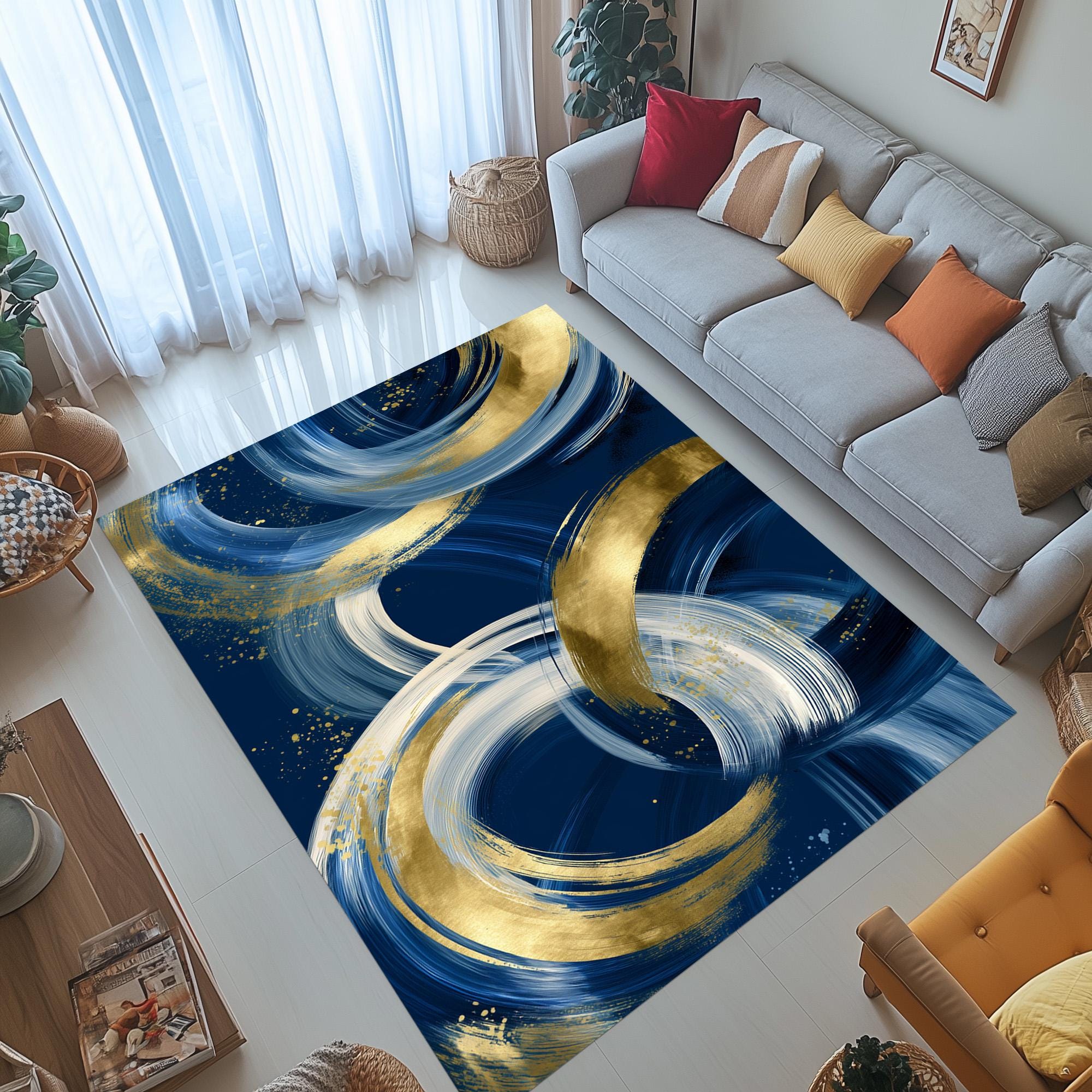 Abstract Blue Gold Rug: Modern Brush Stroke Carpet, Elegant Navy White ...