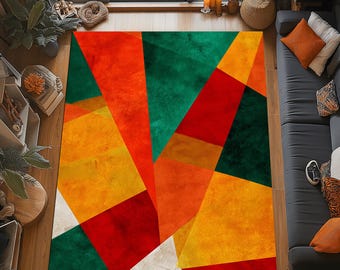 Tapis géométrique couleur, formes abstraites modernes rouge vert orange jaune, tapis art déco audacieux
