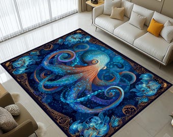 Oceanic Octopus Rug: Blue Gold Nautical Carpet, Deep Sea Design, Marine Fantasy Home Decor