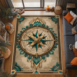 Könnte beinhalten: Ein rechteckiger Teppich mit einem Kompassrosen-Design. Der Teppich hat eine zentrale Kompassrose in Gold und Türkis, umgeben von verzierten türkisfarbenen und goldenen Akzenten auf beigem Hintergrund. Der Teppich hat einen schwarz-goldenen Rand.